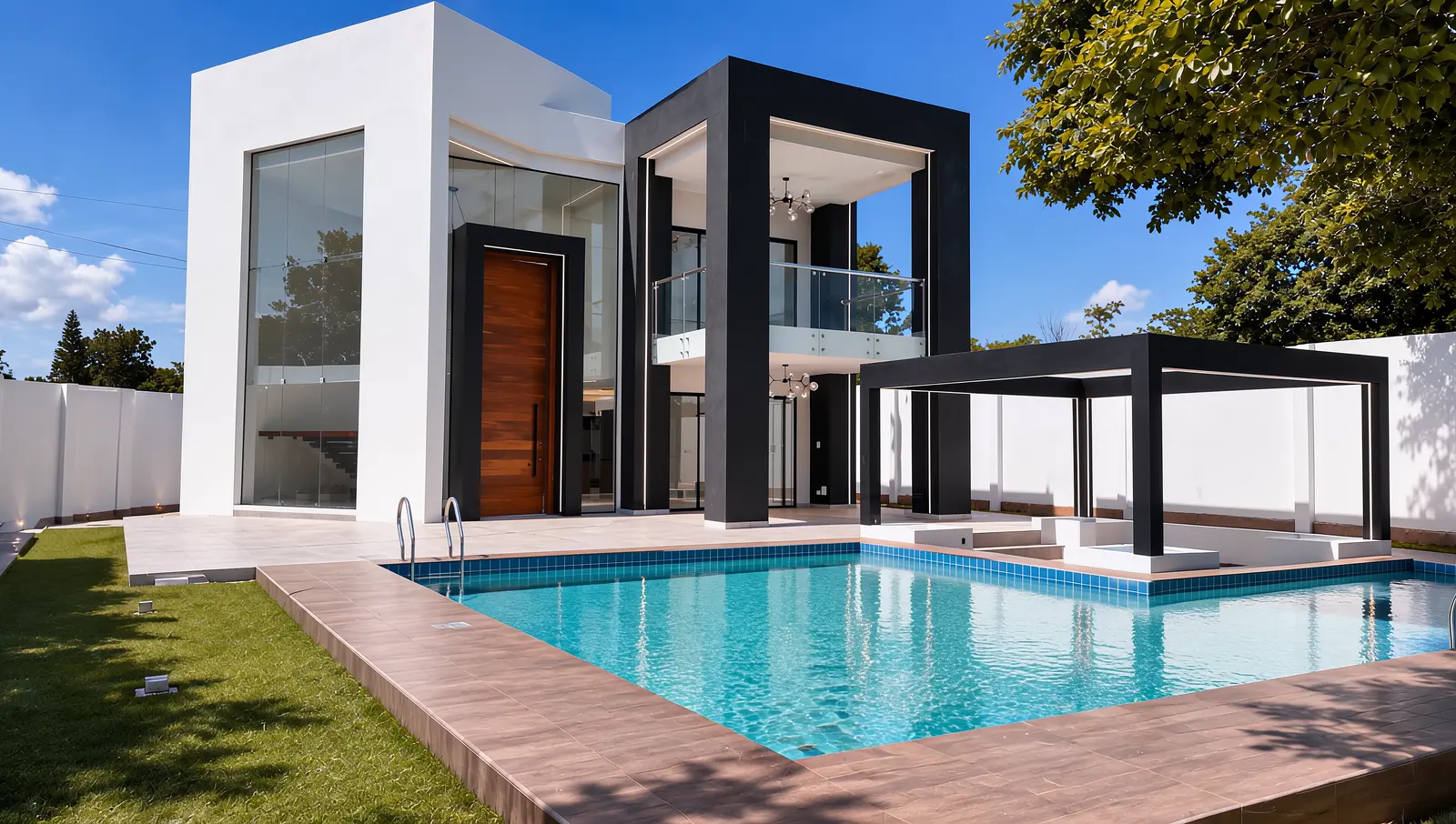 Casa Paredes en Cotoca: volúmenes blancos y oscuros, doble altura y piscina