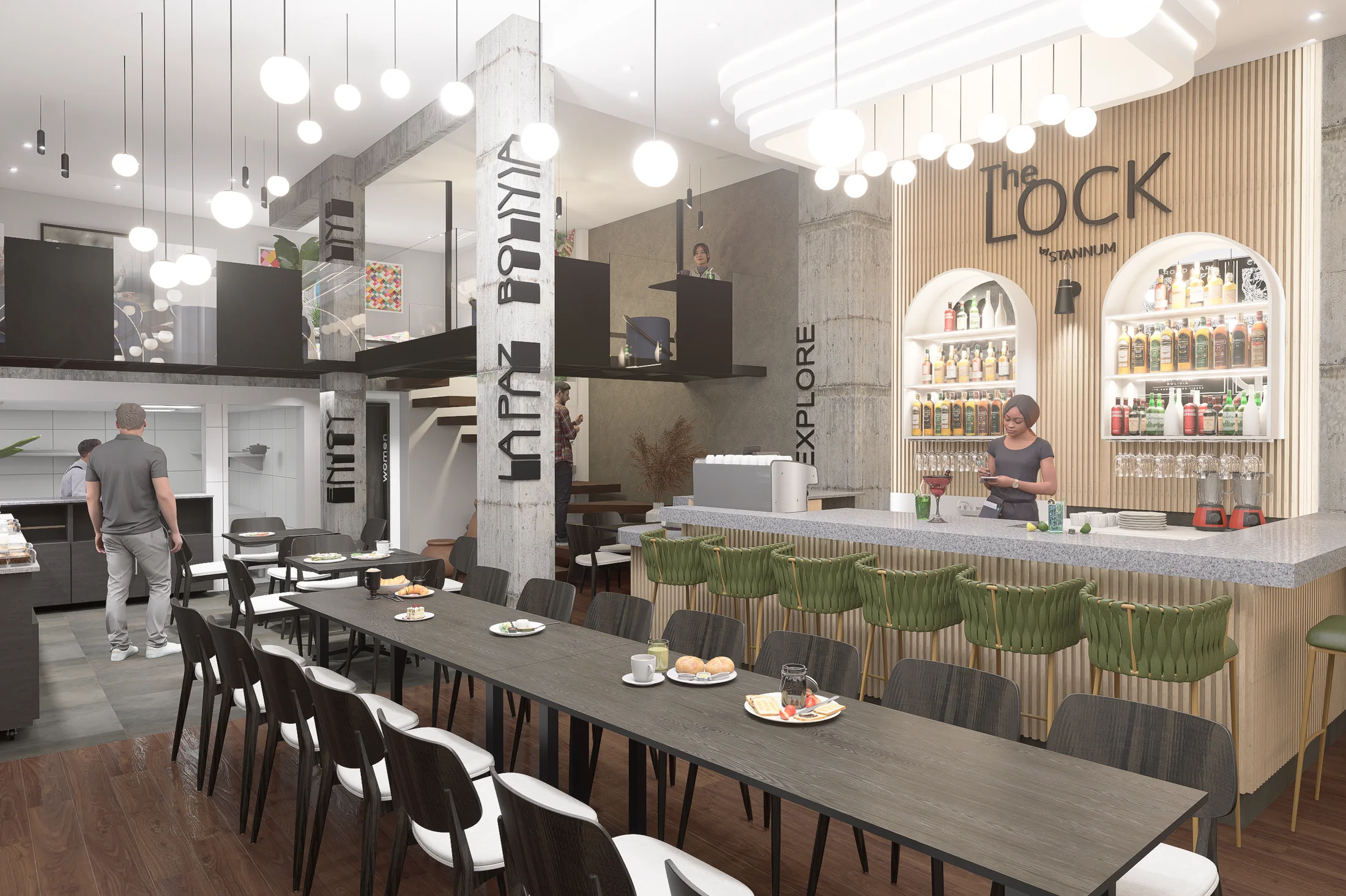 Café Pasankalla, render de diseño: barra, nichos curvos, luminarias y doble altura